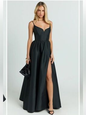 NWT Showpo Black Spaghetti-Strap Prom Gown with High Leg Slit